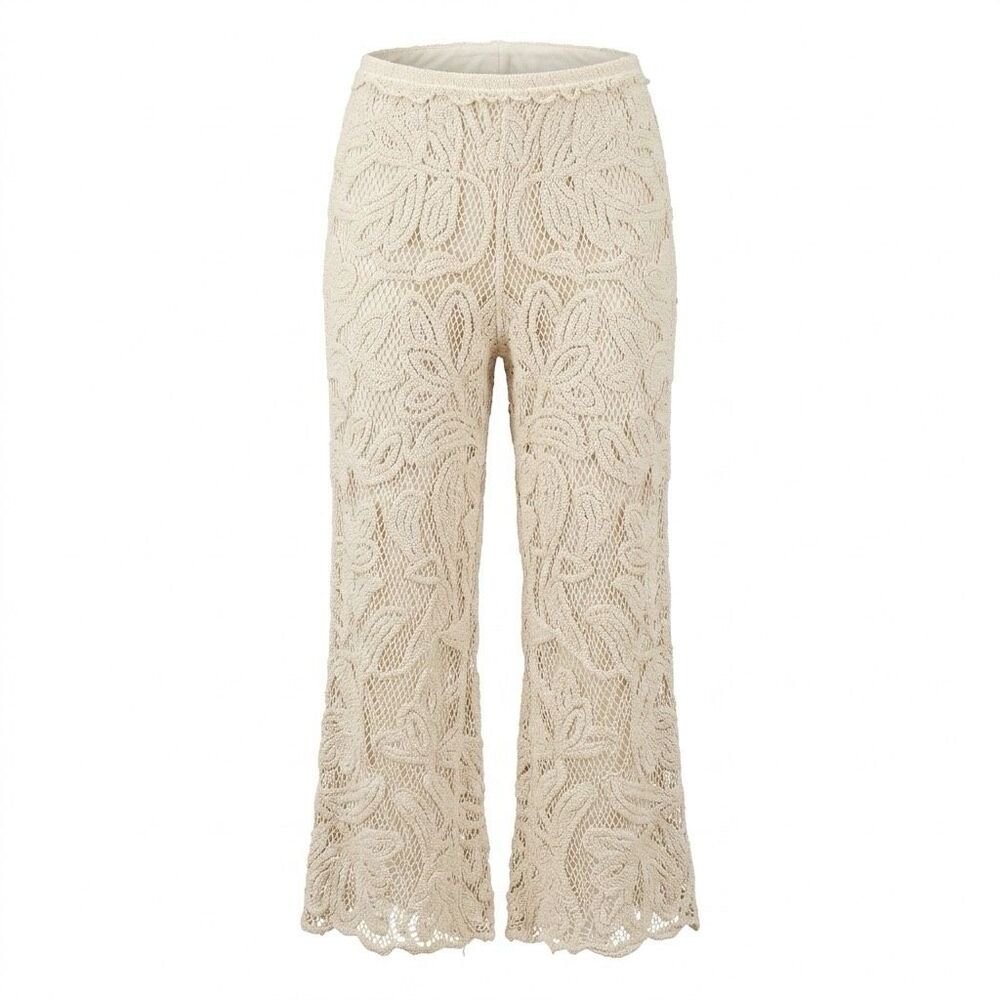 AZ crochet-knit cotton Scalloped wide-leg Pull on pants Sz S/M Beige NWOT